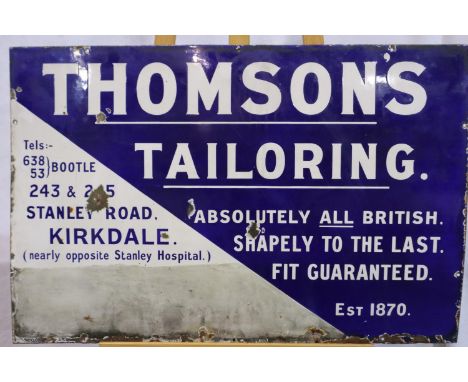 Vintage advertising: enamelled wall mounting sign, Thomsons Tailoring, Kirkdale, 92 x 61 cm. Please see additional images for