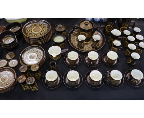 Substantial Denby tea and dinner service of seventy one pieces in the Arabesque pattern, generally good condition, chips to s