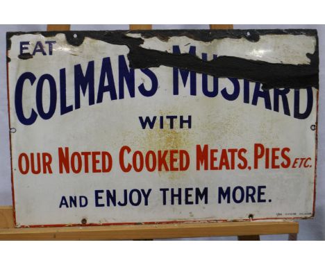 Vintage advertising: enamelled wall mounting sign, Colmans Mustard, 56 x 36 cm. Please see additional images for condition. U