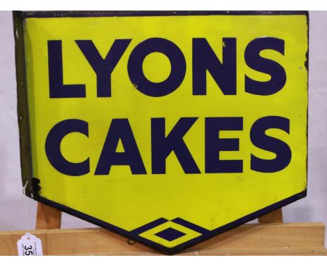 Vintage advertising: enamelled wall mounting sign, Lyons Cakes, double sided with right angled bracket, 45 x 40 cm. Please se