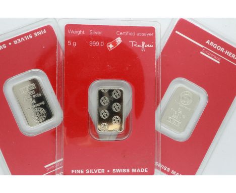 Three Swiss 5g silver bullion Argor-Heraeus bars. UK P&amp;P Group 1 (£16+VAT for the first lot and £2+VAT for subsequent lot