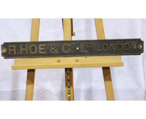 Vintage commercial cast iron wall mounting printing press sign, R. Hoe &amp; Co Ltd London, 75 x 10 cm. UK P&amp;P Group 3 (£