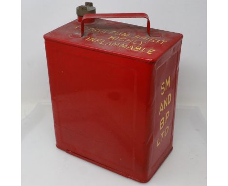 Automobilia: early 20th century one gallon petrol can, SM and BP LTD, with brass cap, later repainted. UK P&amp;P Group 3 (£3