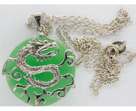 925 silver and Jade pendant necklace with dragon mount, L: 44 cm, boxed. UK P&amp;P Group 1 (£16+VAT for the first lot and £2