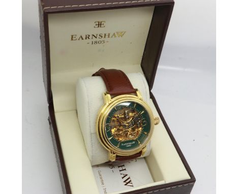 EARNSHAW: gents skeleton wristwatch on brown leather strap, working at lotting, boxed. UK P&amp;P Group 1 (£16+VAT for the fi