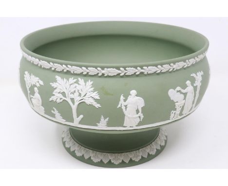 Large Wedgwood green Jasperware footed bowl, no cracks or chips, D: 22 cm. UK P&amp;P Group 3 (£30+VAT for the first lot and 