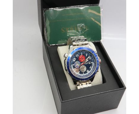 GAMAGES: Astronomer gents limited edition automatic wristwatch with three subsidiary dials and date aperture on a stainless s