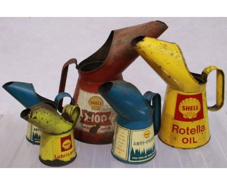 Automobilia: five original Shell oil cans, largest H: 29 cm. UK P&amp;P Group 3 (£30+VAT for the first lot and £8+VAT for sub