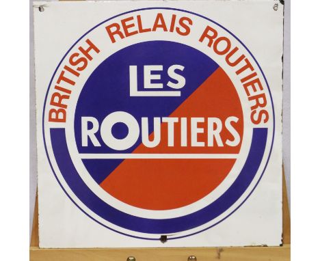 Vintage commercial: enamelled wall mounting sign, Les Routiers, double sided, 38 x 39 cm. UK P&amp;P Group 3 (£30+VAT for the