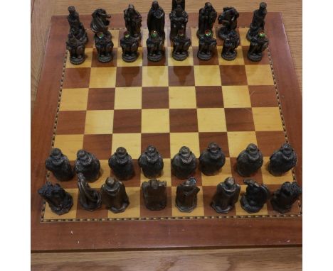 Chess set with pewter fantasy chess pieces set with crystals, king H: 80 mm. UK P&amp;P Group 3 (£30+VAT for the first lot an