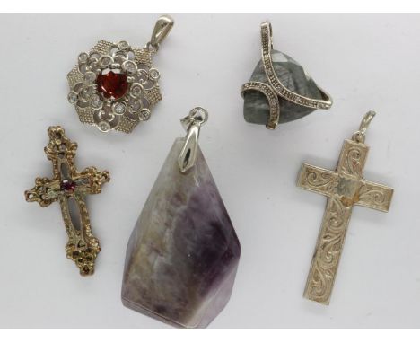 Four 925 silver and white metal pendants and a large amethyst pendant, largest H: 50 mm. UK P&amp;P Group 0 (£6+VAT for the f