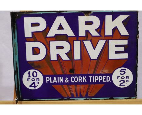 Vintage advertising: enamelled wall mounting sign, Park Drive, double sided with right angled bracket, 41 x 30 cm. Please see