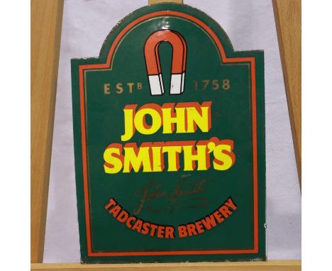 Vintage advertising: enamelled wall mounting sign, John Smiths, no mounting holes, 23 x 31 cm. UK P&amp;P Group 2 (£20+VAT fo