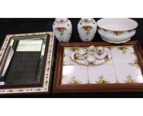 Royal Albert Old Country Roses, pair of covered jars, large bowl, miniature tea service, tray and mirror, repair to teapot co