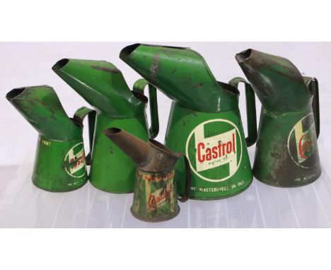 Automobilia: five original Castrol oil cans, largest H: 28 cm. UK P&amp;P Group 3 (£30+VAT for the first lot and £8+VAT for s