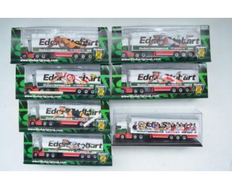 Seven 1/76 scale diecast truck and trailer models from Oxford Diecast, all Eddie Stobart Rugby Super league Scania's. Models 