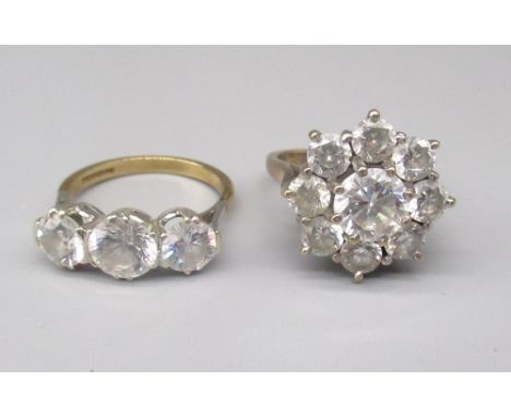 9ct yellow gold cluster ring set with clear stones, size P, and another similar, size P1/2, both stamped 375, gross 11.1g 