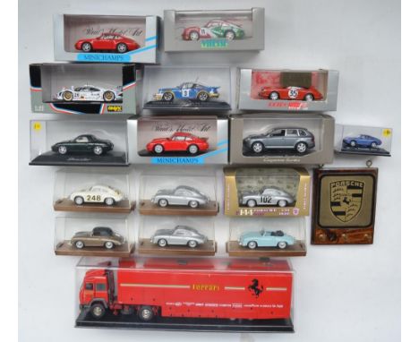 Collection of 1/43 diecast Porsche models from Minichamps, Onyx, Brumm, Vitesse etc, a 1/43 Ferrari truck and trailer by Old 