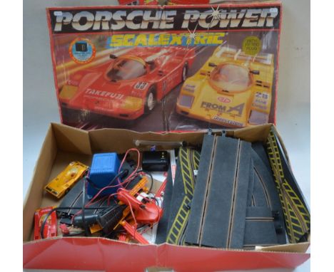 Scalextric Porsche Power set, 2 cars, track, controllers, Supersound box etc. Track a little rusty, box poor with no insert. 