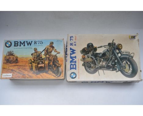 2x Esci 1/9 scale German Army BMW R75 motorbike plastic model kits, item no 7001 with sidecar and item no 7008 A-1 Solo. Both