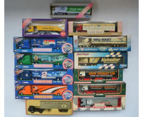 Collection of diecast truck models, mostly 1/64 scale to include Corgi Eddie Stobart, Geodis Cavewood Renault Cutainside, Jam