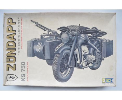 Esci 1/9 scale Zundapp KS750 German Army motorbike plastic model kit with sidecar (item no 7003), un started with sealed spru