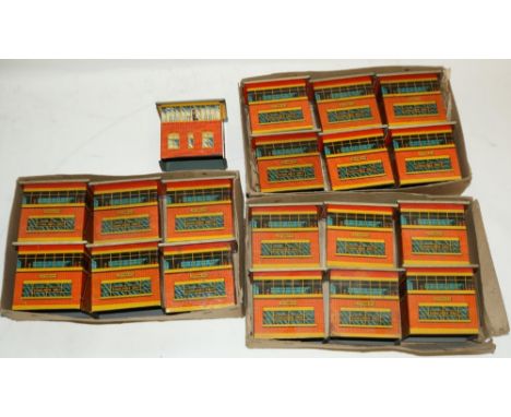 Nineteen Brimtoy Joy Town tin plate signal boxes in original wholesalers boxes 