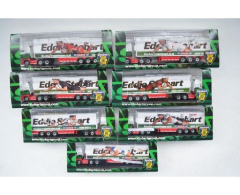 Seven 1/76 scale diecast truck and trailer models from Oxford Diecast, all Eddie Stobart Rugby Super league Scania's. Models 