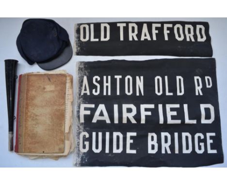 Two vintage cloth bus lines, Ashton Old Rd, Fairfields, Guide Bridge and Old Trafford (width 23.75"), a shunters horn, conduc