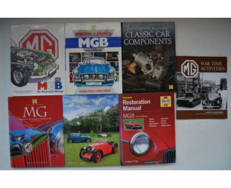 Seven MG/classic car books including Haynes Repairing And Restoring Classic Car Components, Haynes MGB Restoration manual and