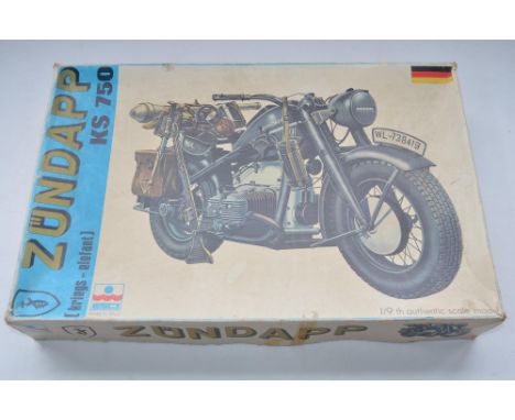 Esci 1/9 scale German Army Zundapp KS750 motorbike plastic model kit (item no 7006), un started with instructions and decal s