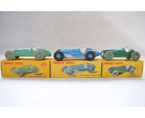 Three vintage Dinky Toys racing car models complete with original boxes: Talbot-Lago Racing Car (no 230), H.W.M Racing Car (n