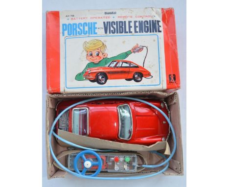 Vintage boxed Bandai battery operated remote control Porsche With Visible Engine model, metal construction in excellent littl