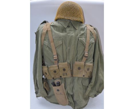 WW2 era US infantry jacket (no size present) with Helmet, bayonet, mess kit and canteen, webbing, backpack etc. Includes mann