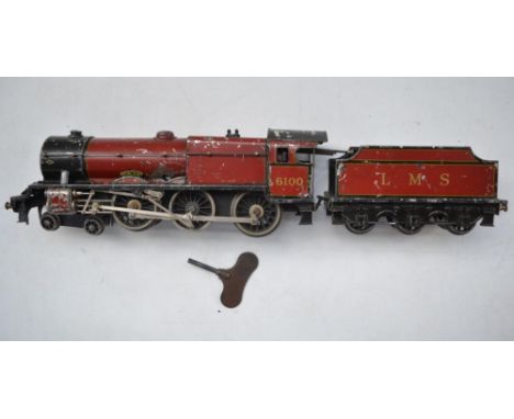 Vintage Bassett Lowke Royal Scot clockwork steam locomotive and tender, with key. Mechanism not working and model needs repai