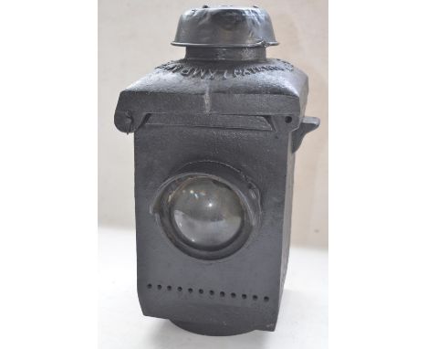 Vintage British Rail (E) heavy duty cast steel S40A crossing gate lamp by Lamp Manufacturing &amp; Railway Supplies Ltd, over