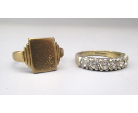 9ct yellow gold square faced signet ring, stamped 375, size P1/2, and a 9ct yellow gold ring set with seven round cut clear s