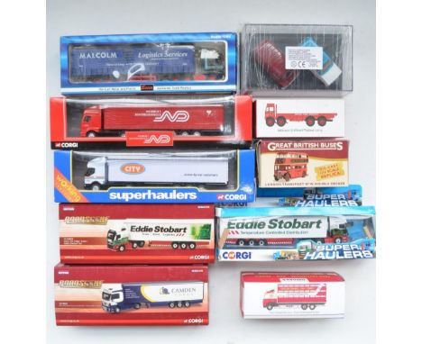 Collection of diecast truck and bus models, mostly 1/76 scale to include Corgi CC18204 Mercedes Benz Actros Curtainside Camde