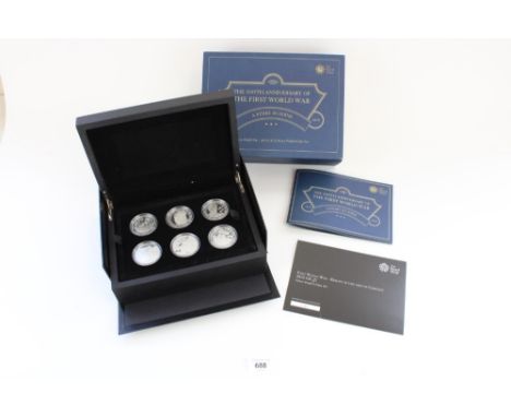 Royal Mint First World War Reality in the Grip of Conflict 2015 UK £5 silver proof 6 coin set, in original box with cert. 