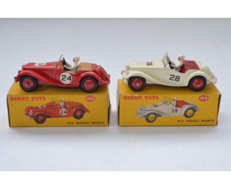 Two vintage Dinky Toys MG Midget Sportscar models, one white "28" and red "24", with original boxes in excellent condition fo