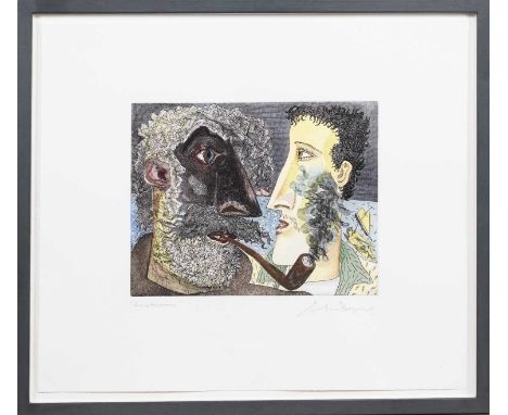 * JOHN BYRNE RSA (SCOTTISH 1940 - 2023) SMOKESCREEN unique hand-coloured etching, signed and titledmounted, framed and under 