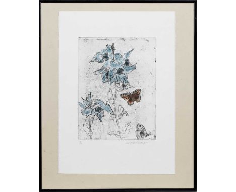 * ELIZABETH BLACKADDER DBE RA RSA RSW RGI DLitt (SCOTTISH 1931 - 2021), MECONOPSIS AND BUTTERFLIES limited edition hand colou