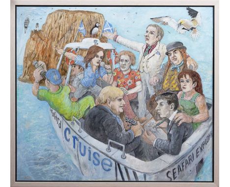 JOHN JOHNSTONE SSA (SCOTTISH b. 1941), A TRIP TO THE ROCK WITH BORIS, GRAYSON AND AUBREY mixed media on board, signed, titled