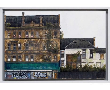 CATE INGLIS (SCOTTISH b. 1975), DARK TRADING oil on board, signed and titled versoframedimage size 35cm x 52cm, overall size 