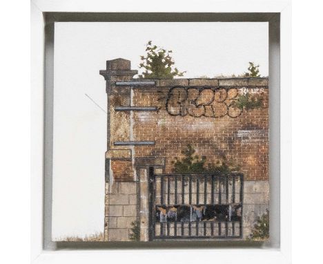 CATE INGLIS (SCOTTISH b. 1975), SCHOOL GATE oil on board, signed and titled versoframedimage size 20cm x 20cm, overall size 2