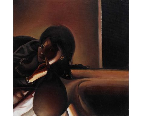 * STEVEN HIGGINSON, ELAINE WITH BLACK BERET  oil on canvas, titled label verso unframed (as intended)  overall size 31cm x 31