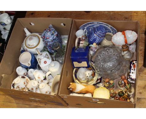 Two boxes of ceramics and glass including Ringtons, USSR polar bear, Hummel figures, etc