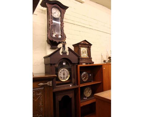 Oak longcase clock case, dial etc, wall clock and three mantel clocks