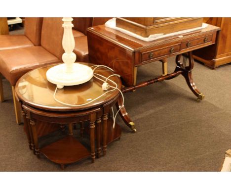 Mahogany two drawer sofa table, circular nest of tables, standard lamp and shade (3)