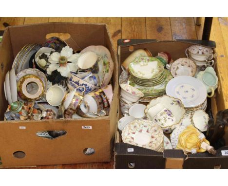 Two boxes of ceramics including Royal Doulton figure, Hummel figures, vintage tea ware, etc